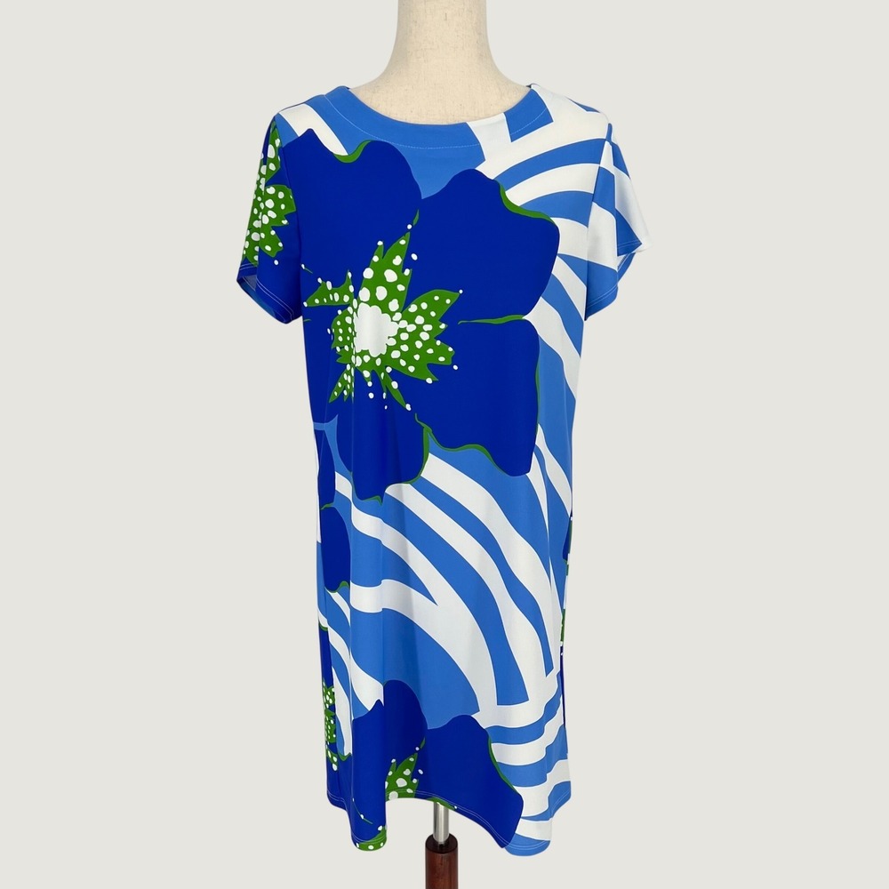 Jude Connally Women Floral Short Sleeve Jude Cloth Shift Dress Size L Blue Retro